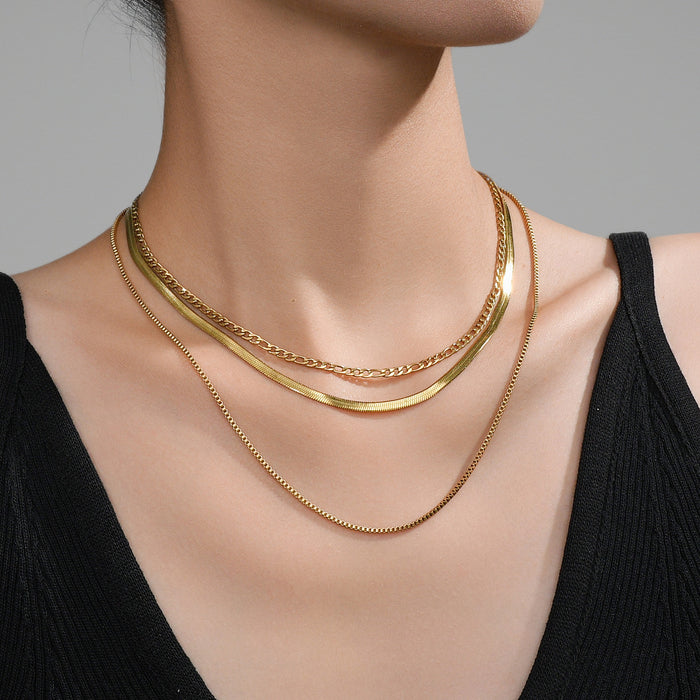 Wholesale 2pcs Stacked necklaces,  plain chain,  snake bone,  titanium steel chain