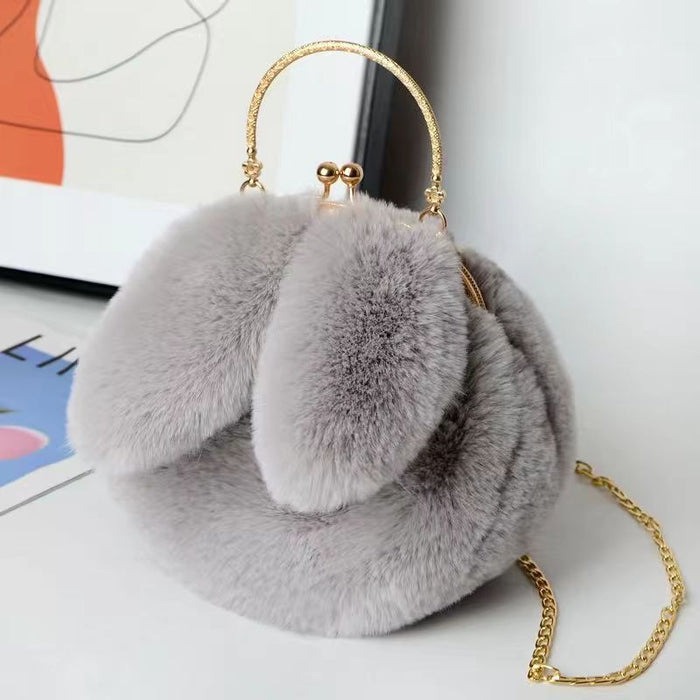 Wholesale Plush Shoulder Bag Women's Portable Crossbody Bag Chain Mobile Phone Bag All-match Small Round Bag Rabbit Ear Clamp Bag