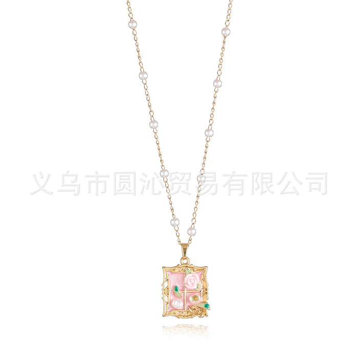 Wholesale Vintage oil painting style necklace for women, versatile and high-end, drip oil flower pendant, collarbone chain accessory