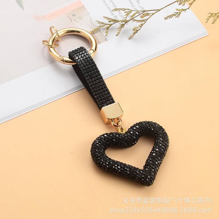 Wholesale Full rhinestone heart keychain with diamond cord hollow heart car pendant
