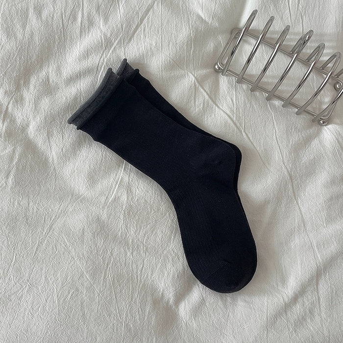 Wholesale Color blocking double-layer ribbed rolled edge boneless midsole socks with versatile vertical stripes for slimming and stacking socks