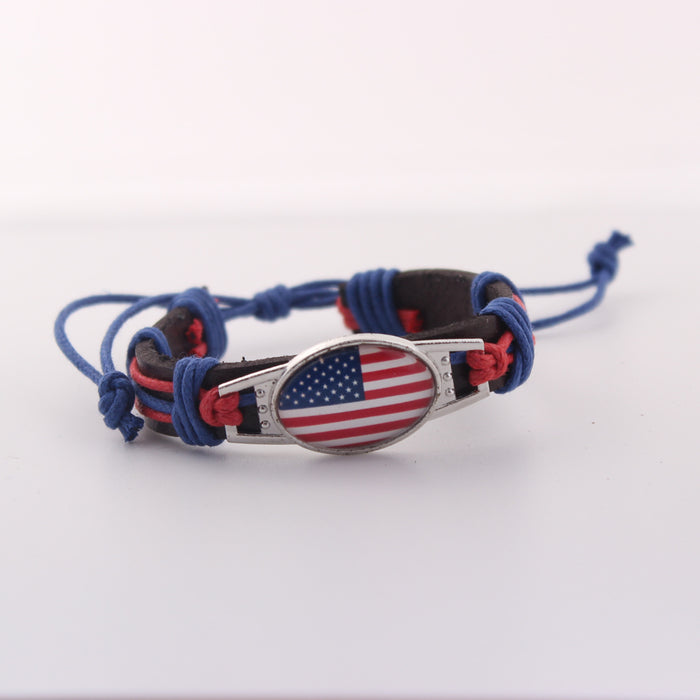 Wholesale Flag genuine leather woven bracelet with adjustable DIY zinc alloy red, white, and blue bracelet