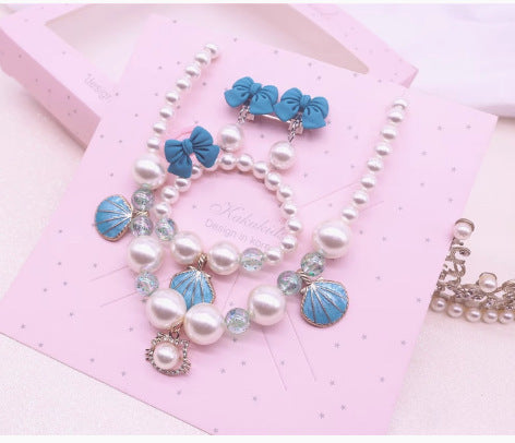 Wholesale children princess bow shell pearl necklace suit