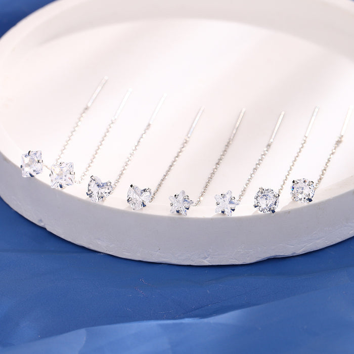 Wholesale Geometric square zircon tassel earrings with simple temperament, single diamond round star earrings, heart-shaped tassel earrings, and ear chains