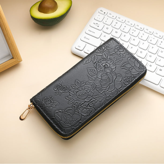 Wholesale Literary Floral Embossed Women' s Pu Wallet Light Blue Daily Matching Boutique MOQ:3