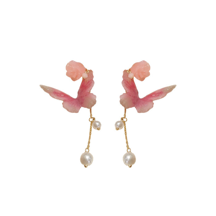 Wholesale Silver Needle Flower Butterfly Pearl Tassel Earrings JDC-ES-HuiHe012