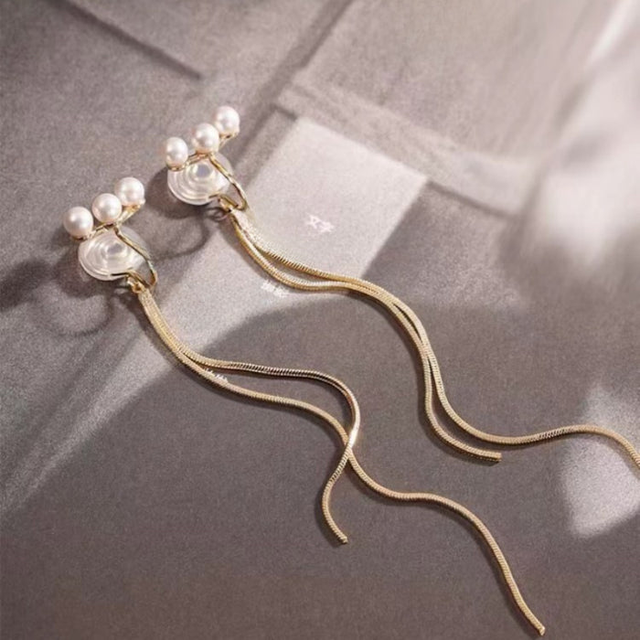 Wholesale  Mosquito Incense Plate Ear Clip Elegant Pearl Earrings Women's Long Tassel Earrings