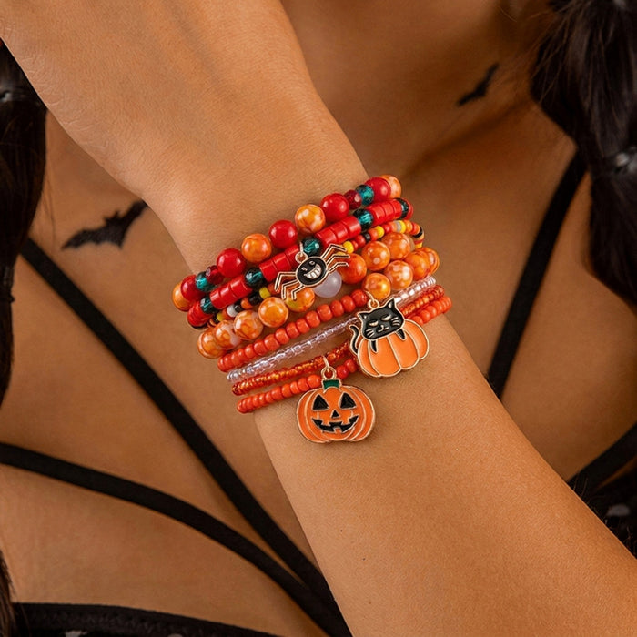Wholesale Halloween Stacking Bracelet Set with Pumpkin Ghost and Skeleton Beads Jewelry Accessory