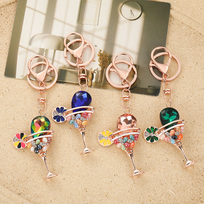 Wholesale Zinc Alloy Dark Green Rhinestone Goblet Keychain Bag Charm Car Key Accessory Gift MOQ≥2