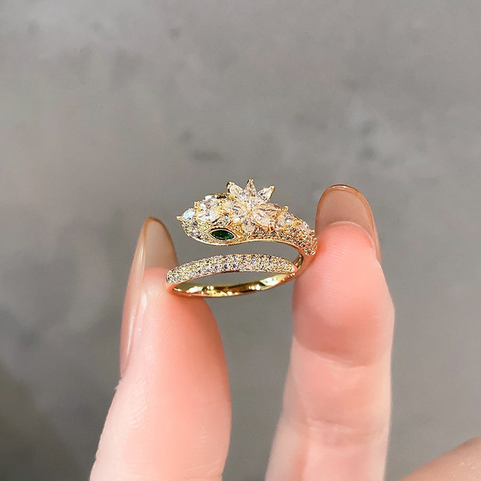 Wholesale Lotus Rhinestone Snake-Shaped Open Ring Light Luxury Personalized Exquisite Finger Ring Tide Year of the Snake Ring