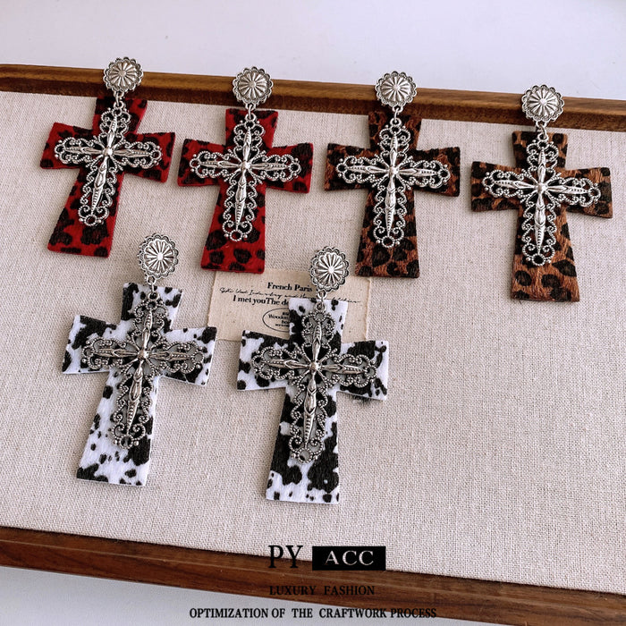 Wholesale Western-style leather leopard print cross earrings