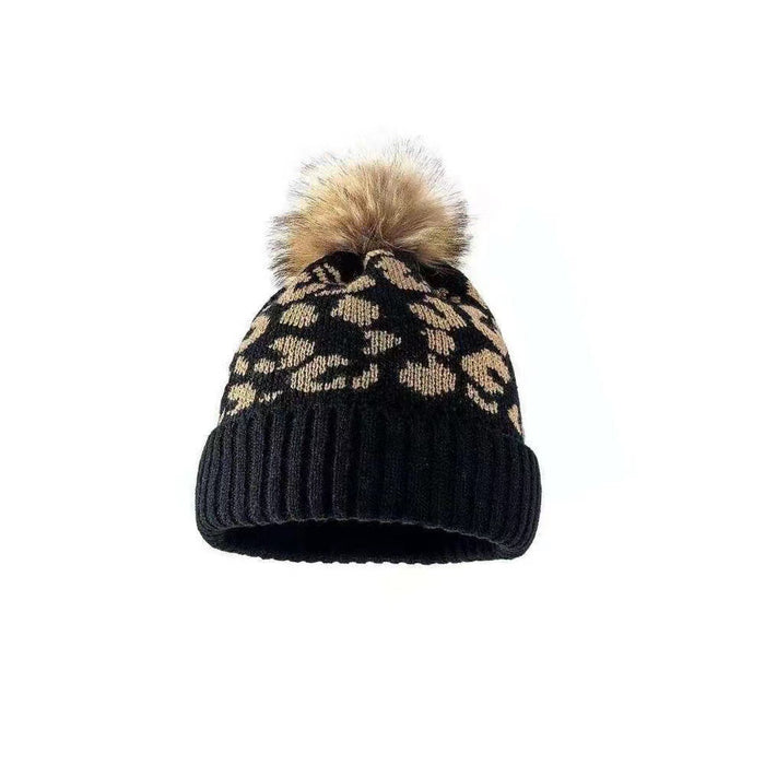 Wholesale Leopard Print Curled Wool Ball Knitted Hat Women' s Hat Outdoor Warm Thickened Men' s Woolen Hat Trend
