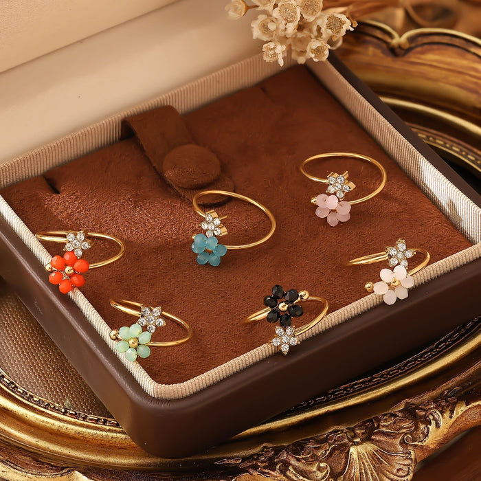 Wholesale Fashionable stainless steel natural stone flower zircon design light luxury high-end non fading open titanium steel ring