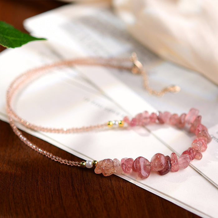 Wholesale Pink crystal necklace, crystal raw stone necklace, niche peach blossom crystal crushed stone necklace