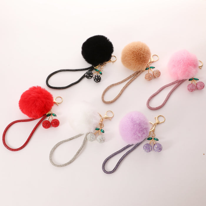 Wholesale Simulation Fruit Crystal Cherry Pom Pom Keychain with Rhinestone Decoration