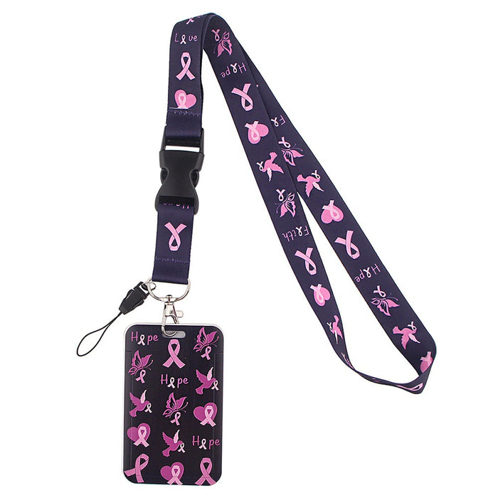 Wholesale Red Ribbon Women' s Health Symbol Mobile Phone Lanyard Key Accessories Polyester Double-Sided Hard Card Holder Keychain