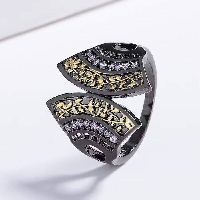 Wholesale Retro black gold two-color ring, fashionable fan-shaped diamond ring, niche personality