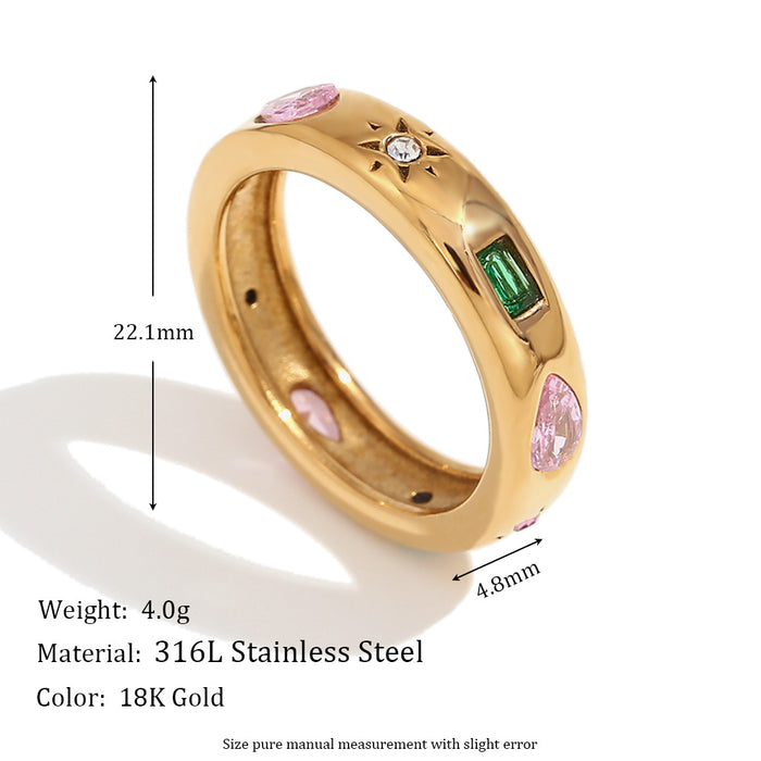 Wholesale Stainless steel gold-plated rectangular teardrop geometric colored zircon ring