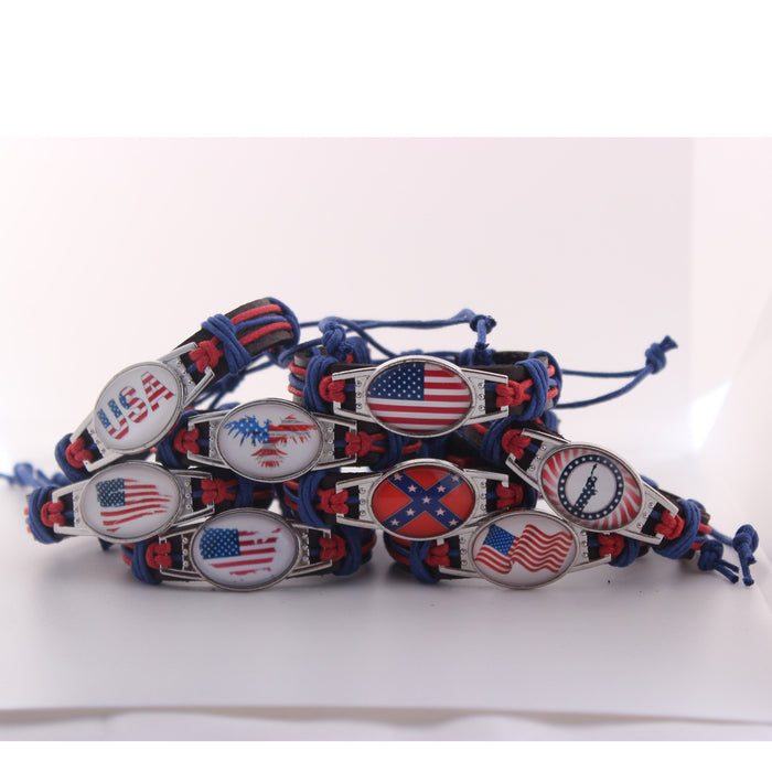 Wholesale Flag genuine leather woven bracelet with adjustable DIY zinc alloy red, white, and blue bracelet