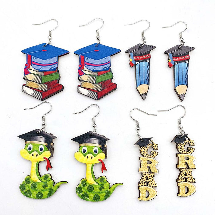 Wholesale Graduation Season Letter Pencil Book Print Wooden Earrings JDC-ES-Chengy034