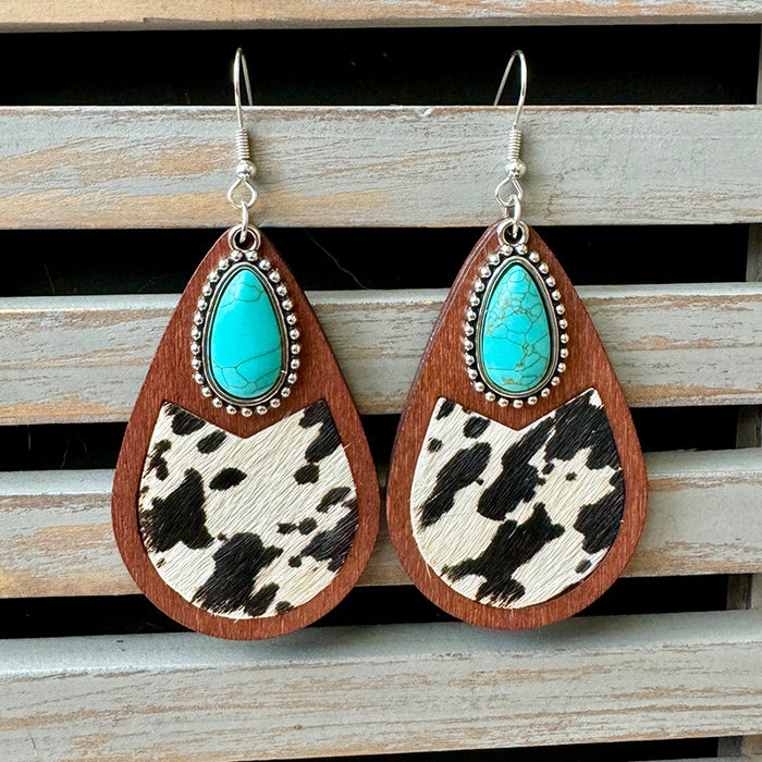 Wholesale Western genuine leather earrings classic horse hair leopard embossed cowhide water drop vintage earrings