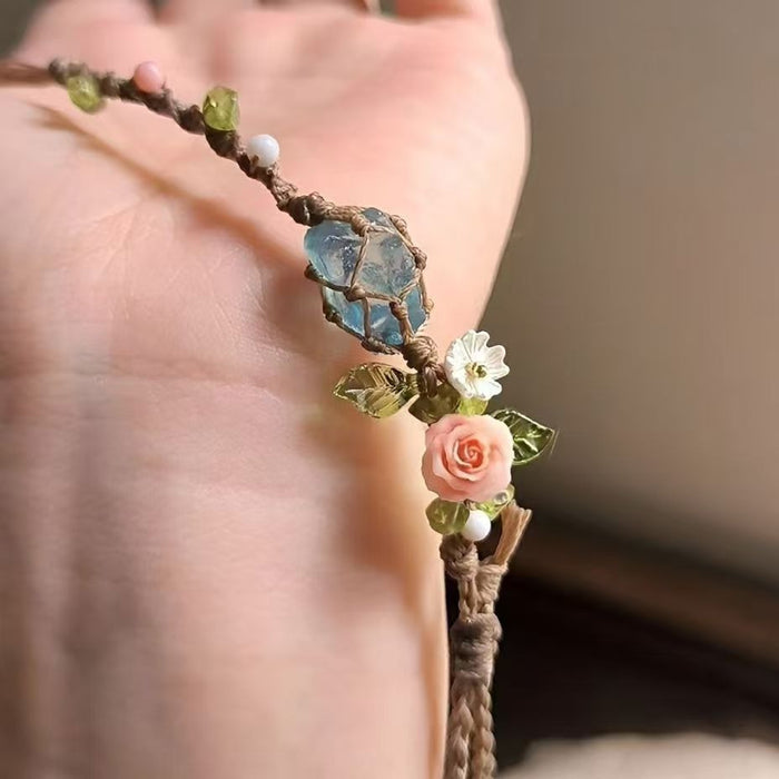 Wholesale Handmade Natural Aquamarine Bracelet with Rope Wrapping Flower Charm Jewelry