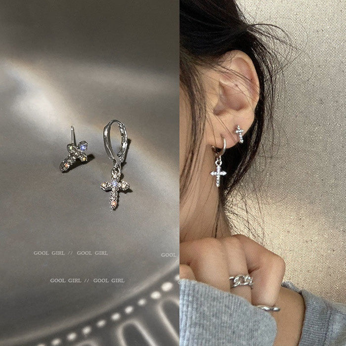 Wholesale Silver Needle Asymmetric Diamond Cross Earpin Charm Earclip Fashion Earaccessory