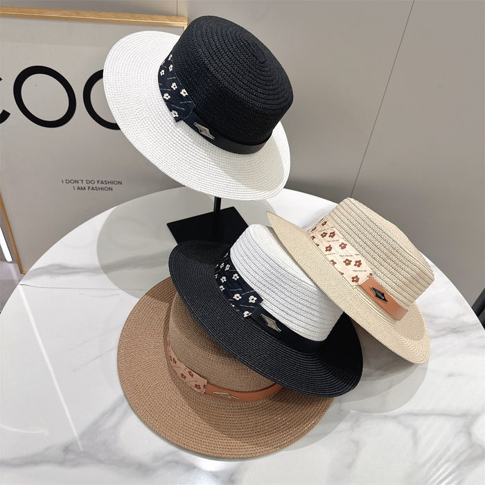 Wholesale Belt splicing sunshade straw hat casual flat top hat sunshade straw hat