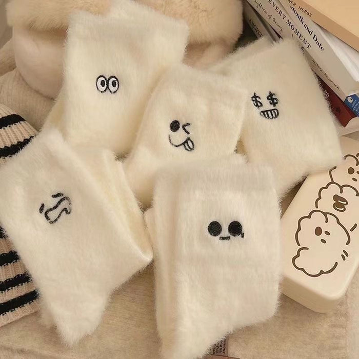 Wholesale Mink Fur Cute Casual Winter Socks for Children Autumn with Thick Fur for Warmth White Furry Embroidery Expression JDC-SK-JiaMu010