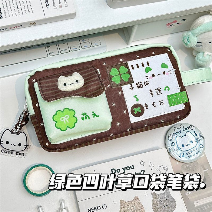Wholesale Cute Four-Leaf Clover Kitten Pencil Case Polyester Large Capacity Gift