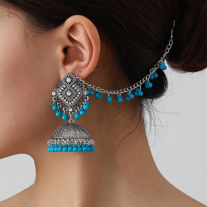 Wholesale vintage ethnic style rhinestone bell tassel earrings and hair chain set