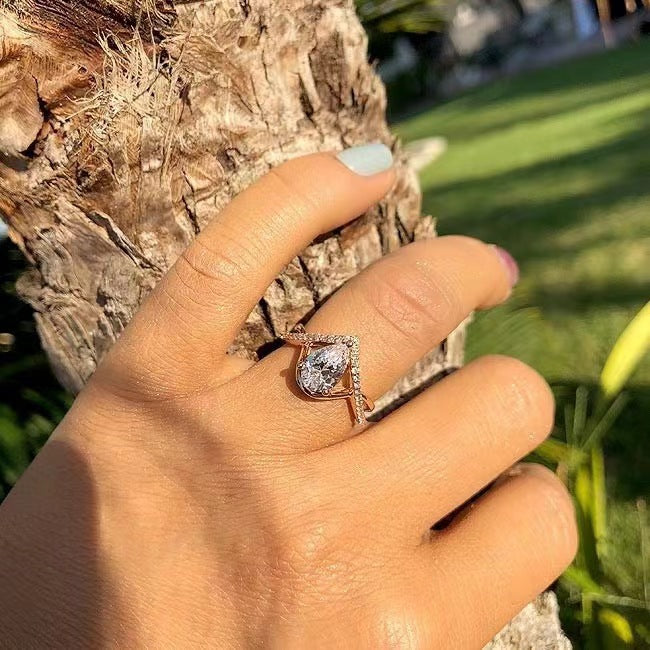 Wholesale New Micro inlaid Zircon Ring Water Drop shaped Light Luxury Colorful Treasure Ring Fashion