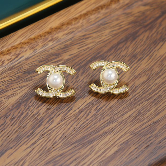 Wholesale Double C Zircon Pearl Earrings Elegant Earrings