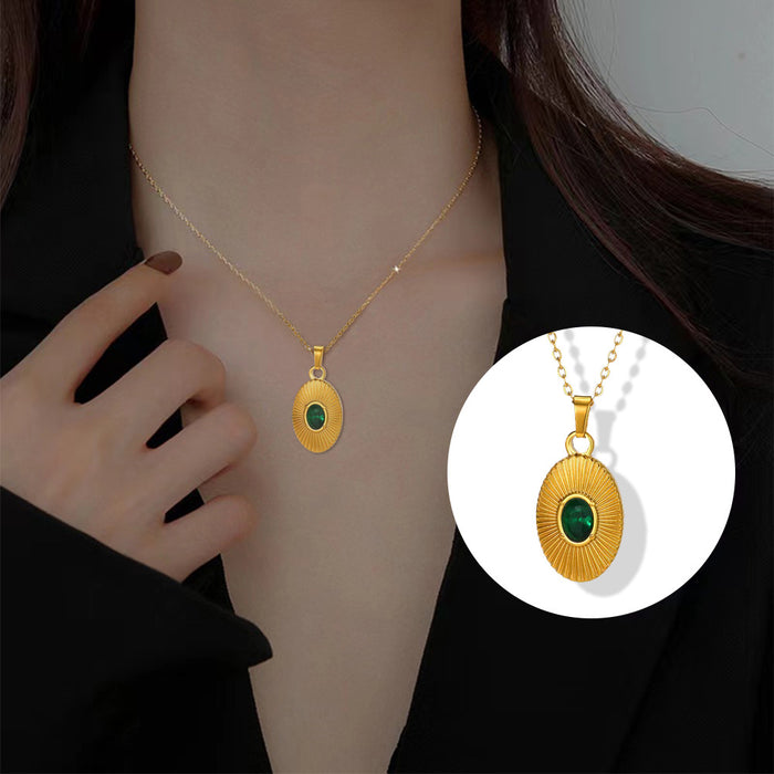 Wholesale Metal Texture Oval Emerald Pendant Stainless Steel Necklace JDC-NE-mif004