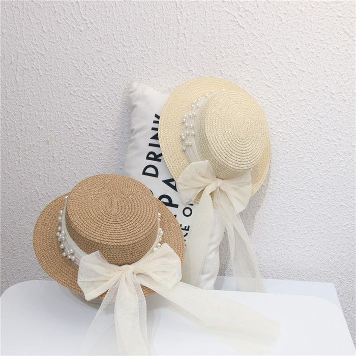 Wholesale Hat Women's Small Fresh Flat-top Straw Hat Pearl Bow Straw Sun Hat Beach Cool Hat