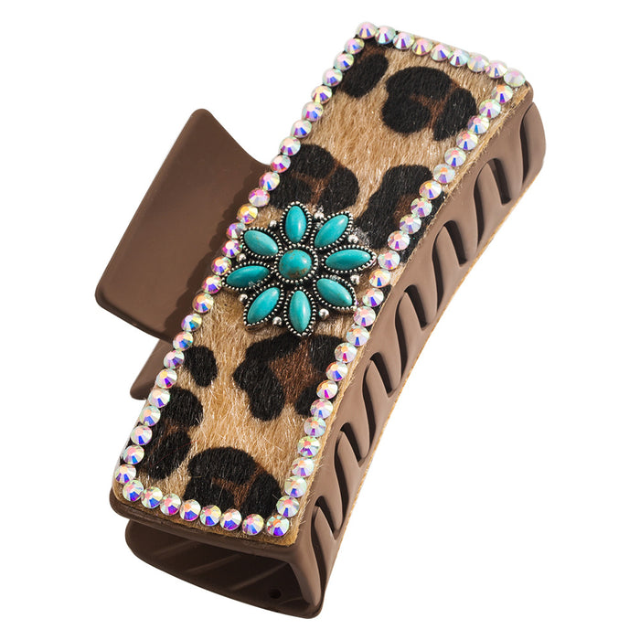 Wholesale retro leopard print leather clip western Denim wind encrusted turquoise hair clip