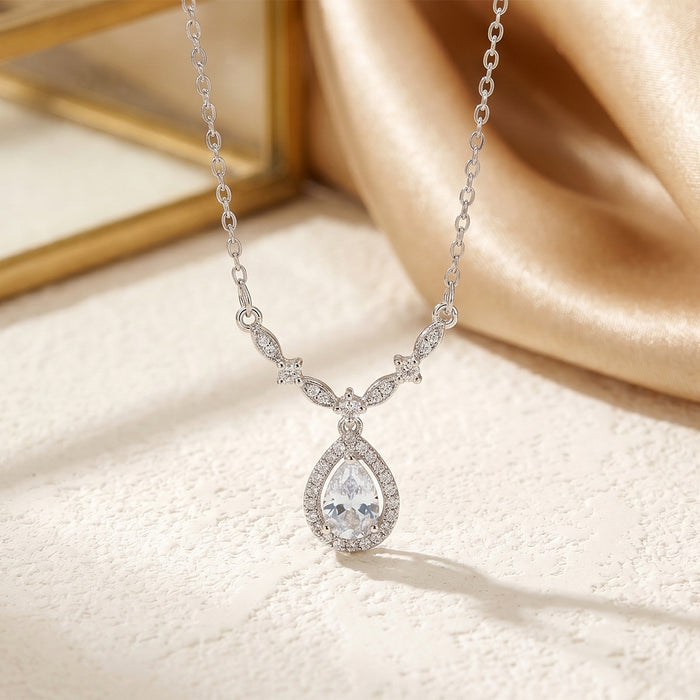 Wholesale Titanium Steel Gold Plated Teardrop Pendant Necklace with Red Cubic Zirconia MOQ≥2
