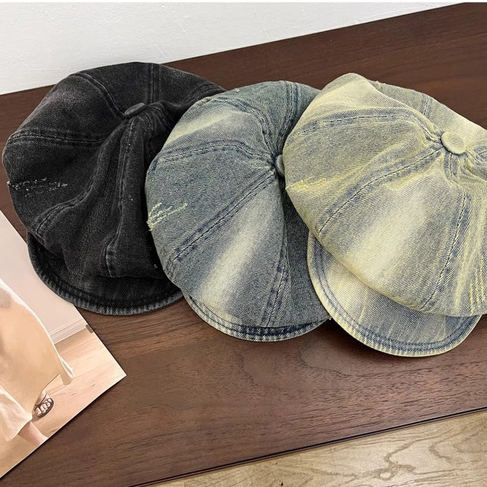 Wholesale Gradient washed denim newsboy hat, new artistic style soft eaved cloud octagonal hat