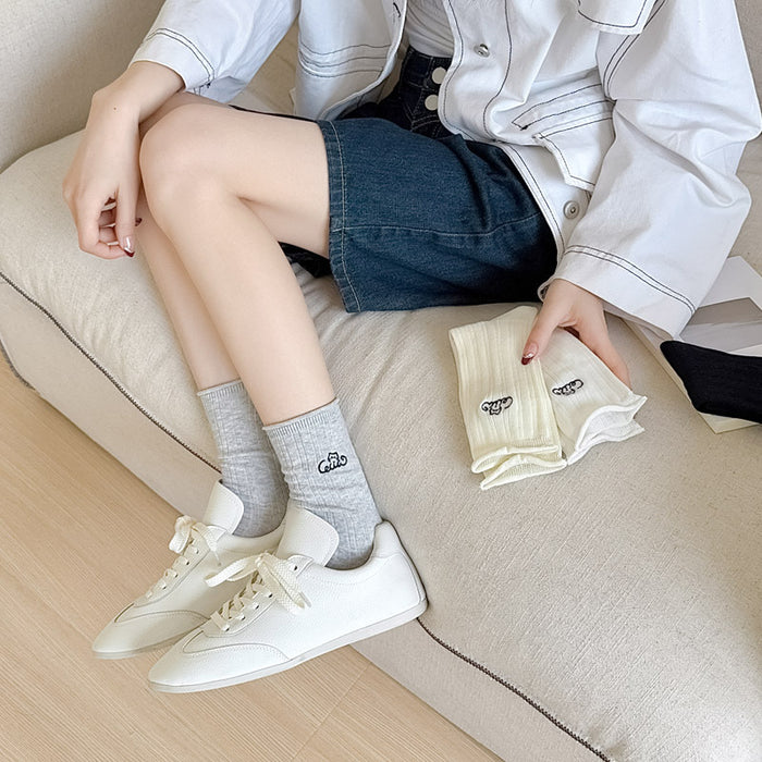 Wholesale Socks, thin, loose mouthed, mid tube, women's socks, embroidered, rolled edges, versatile, stacked, cotton socks