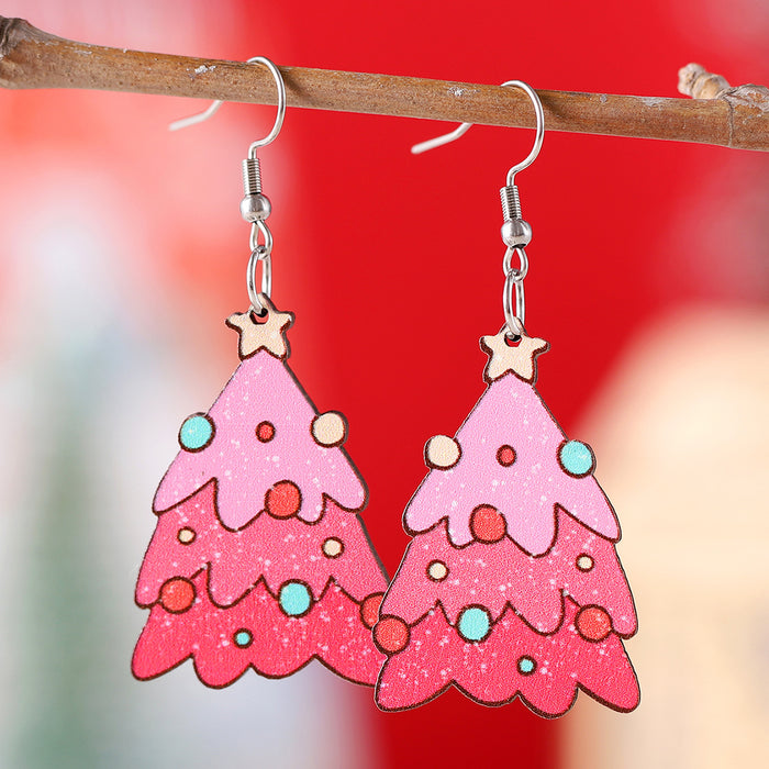 Wholesale Christmas Lantern Bow Pink Christmas Tree Pendant Earrings Wooden Double-sided Earrings Gift