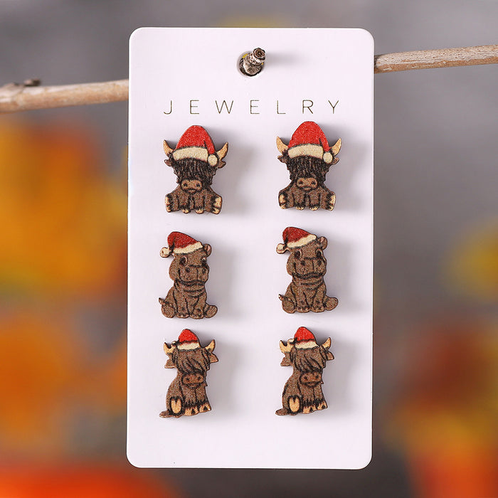 Wholesale Wooden Christmas Cow Earrings Set Trendy Animal Jewelry Accessory