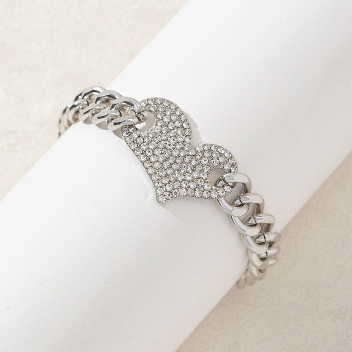 Wholesale New Fashion Alloy Diamond Inlaid Love Cuban Bracelet Light Luxury Versatile Peach Heart Handmade Bracelet