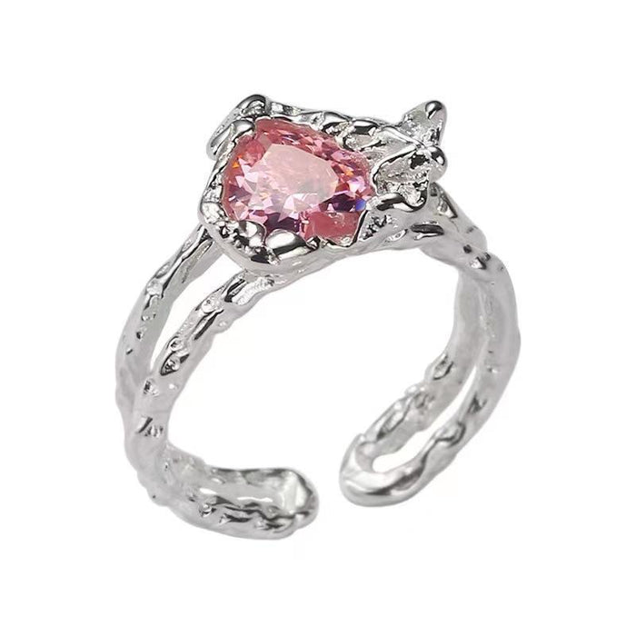 Wholesale Zinc alloy heart shaped zircon ring with tin foil texture open design double-layered index finger ring