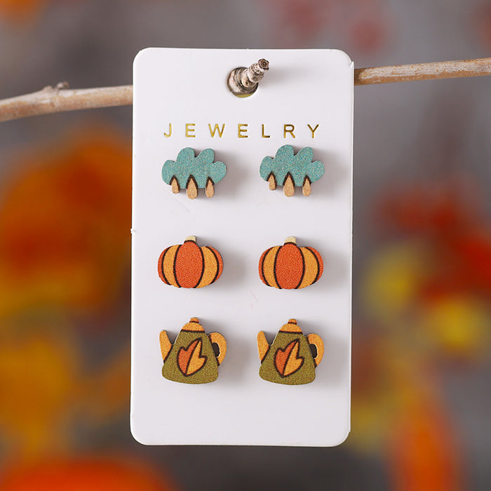 Wholesale Autumn Thanksgiving Maple Leaf Pumpkin Earring Set Wooden Personalized Thanksgiving Harvest Earring Gift
