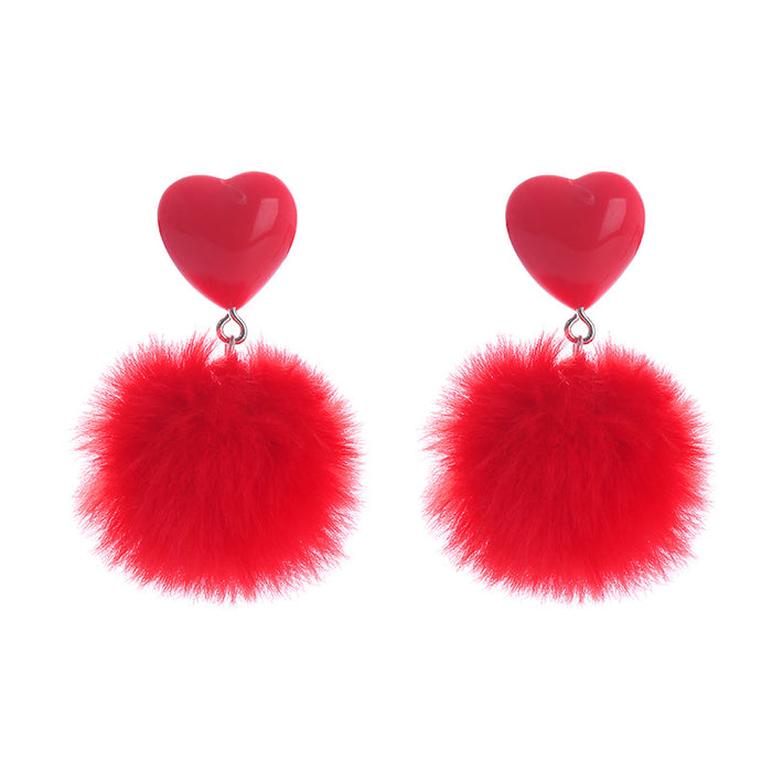 Wholesale Cute imitation rabbit fur heart-shaped earrings with candy colored plush pendant earrings