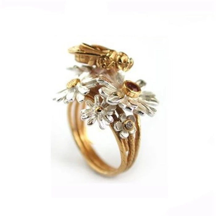 Wholesale New Vintage Creative Bee Honey Picking Flower Golden Leaf Ring