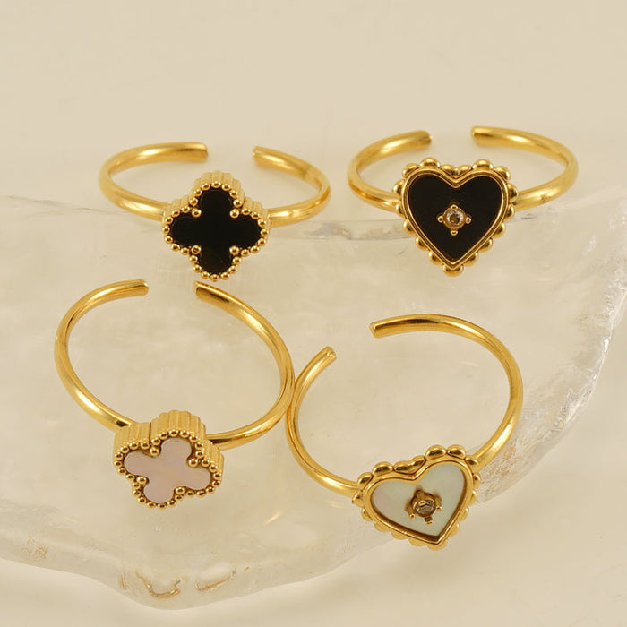 Wholesale Four Leaf Clover Heart Shape Stainless Steel Open Ring JDC-RS-ZhongX001