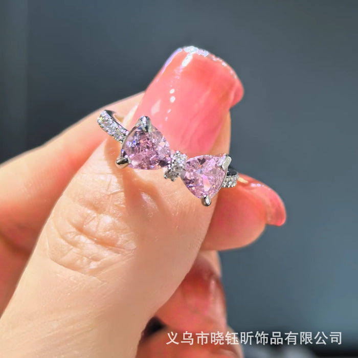 Wholesale Pink zirconium bow ring, niche design, light luxury, versatile, exquisite adjustment, romantic ring