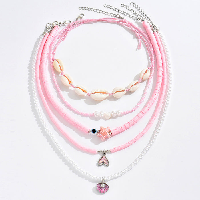 Wholesale Shell Necklace Pink Beads Starfish Pearl Multi-Layered Necklace for Women