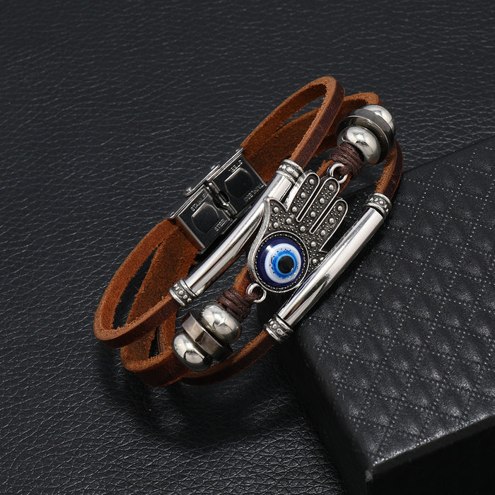 Wholesale Stainless Steel Cowhide Rope Devil' s Eye Bracelet